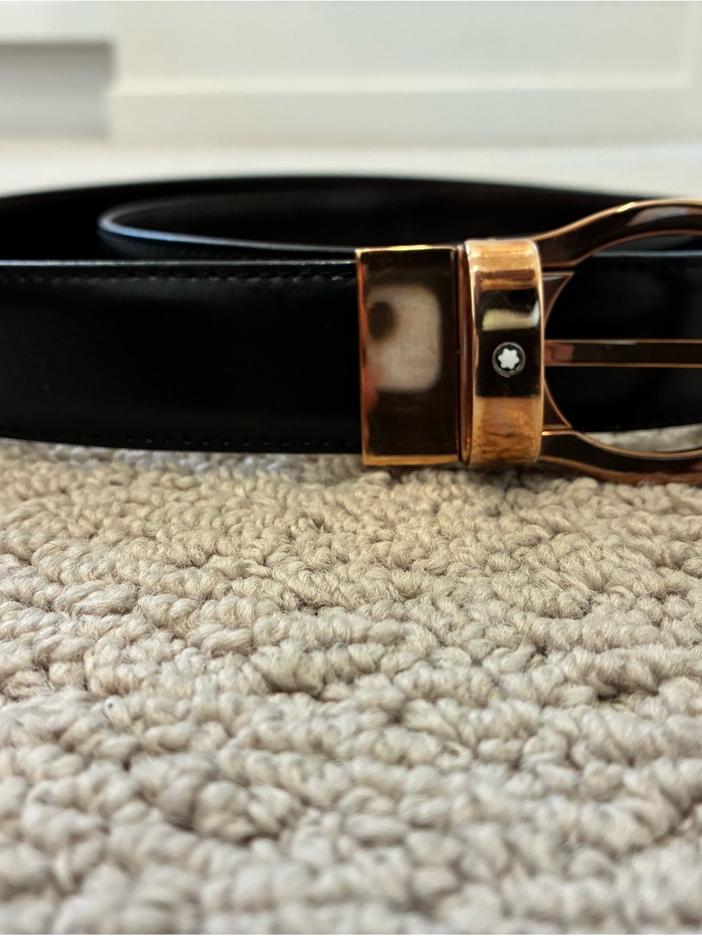Mont Blanc Black Leather Belt with Gold Buckle